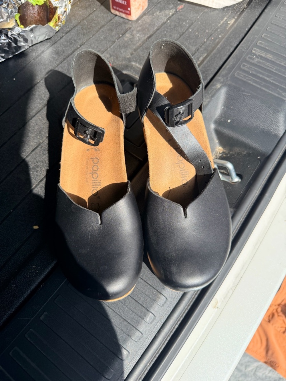 Papillio Women's Mary Black Ankle-Strap wedge clogs